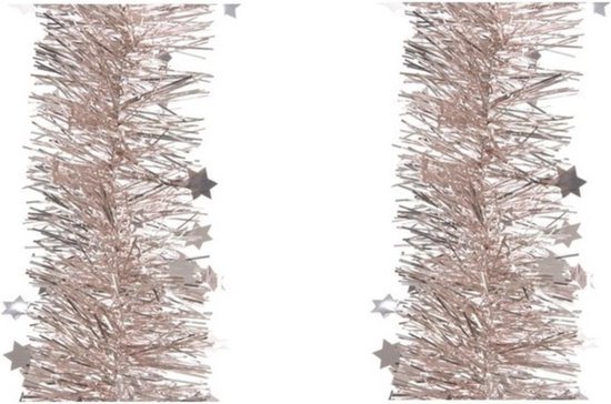 Decoris Kerstslinger - 2x stuks - sterren - lichtroze - 270 x 10 cm - lametta/folie - kerstboomslinger