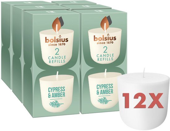 Bolsius - CleanLight - 12 Gegeurde Navullingen - Cypress & Amber - Navulbare Geurkaarsen