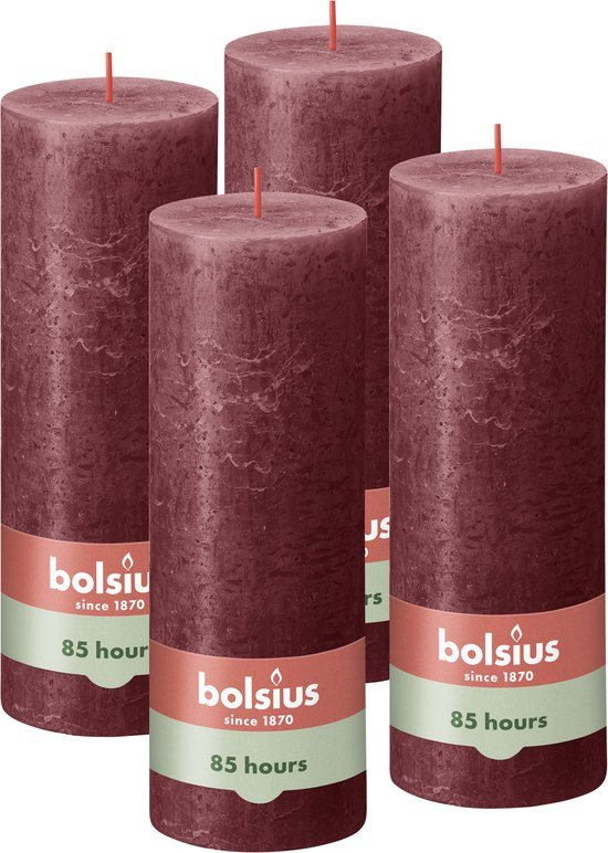 Bolsius - Rustieke Kaars - 4 Stuks - Bordeaux Rood - 19cm
