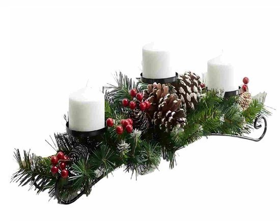 Kerst Tafeldecoratie met 3 Kandelaars – kerst Kaarsenhouder 45 cm –kerst Kandelaars- Waxinelichtjeshouder - Met Dennentakken, Rode Bessen en Dennenappels – Kerst Centerpiece voor Tafel of Haard