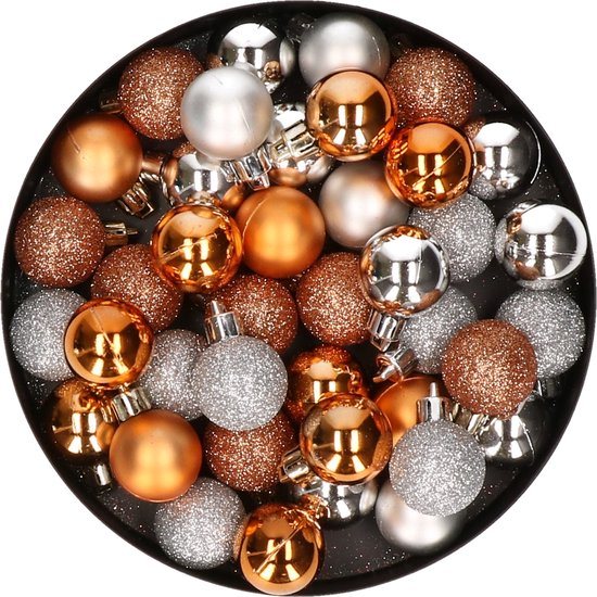 Kerstballen mix - Set van 40x stuks - kunststof - koper oranje en zilver - Dia 3 cm - Kerstversiering - kleine balletjes voor mini boompjes