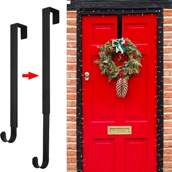 Kranshanger - Kranshanger voor voordeur - Verstelbare kranshanger - Haak voor over de deur - Kerstkrans hanger - Haken – deurhanger – Zwart - LOUZIR