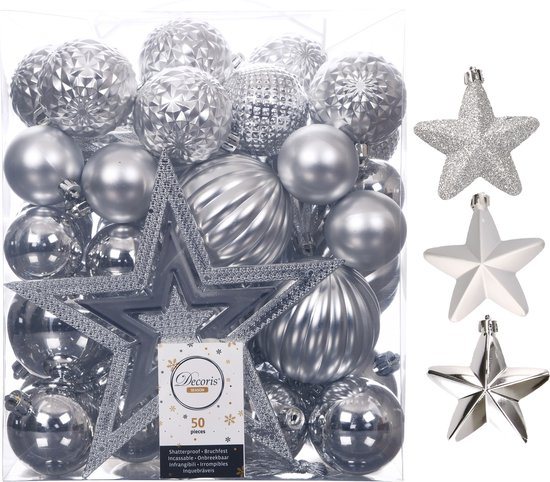 Kerstballen, kerstornamenten en piek - 56x stuks - zilver - kunststof