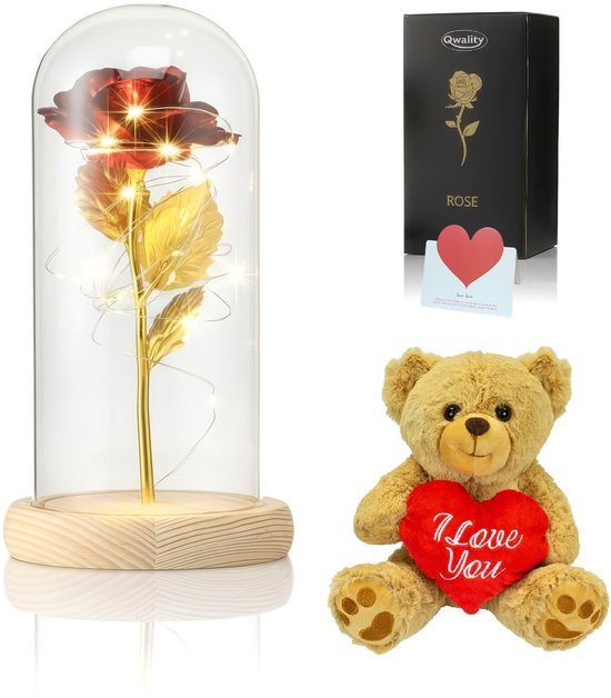 Luxe Roos in Glas met LED + Pluche Beer – Gouden Roos in Glazen Stolp - Moederdag Cadeau - Valentijn - Cadeautje - Bekend van Beauty and the Beast - Cadeau voor vriendin moeder haar - Lichte Voet - Qwality®