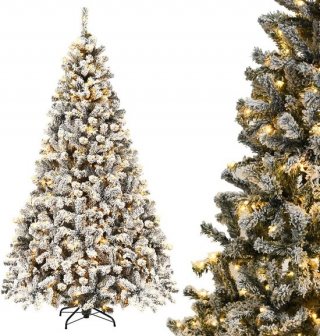COSTWAY Kunstkerstboom met sneeuw en warmwitte ledverlichting, 180/225 cm, dennenboom met metalen standaard, kerstboom pvc-naalden, kunstboom, Kerstmis, klapsysteem (225 cm)