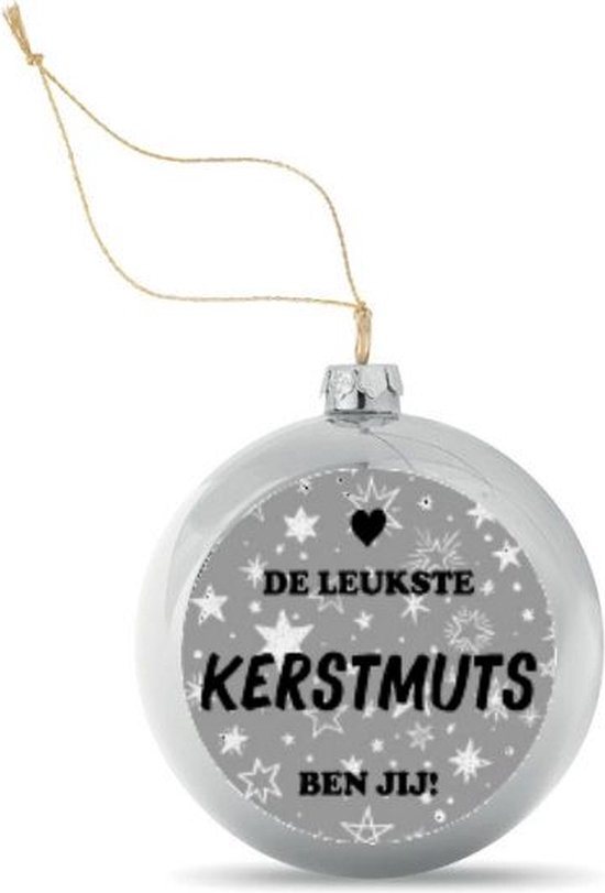Kerstbal met Sterrenachtergrond Zilverkleurig Gepersonaliseerd met de Tekst "De leukste KERSTMUTS ben jij!" - 8 cm Ø - Afbeelding 5 cm Ø