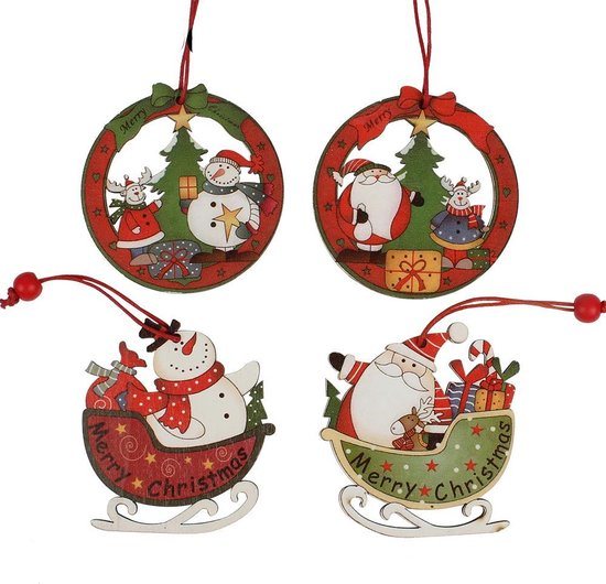 Houten kerst ornamenten - 8 stuks - Kerstboom versiering Arreslee/Sneeuwpop/Kerstman
