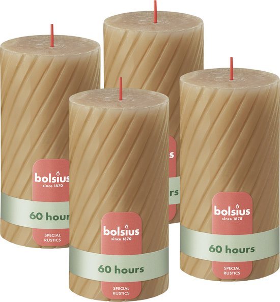 Bolsius - Rustieke Kaars - Gedraaid Patroon - 4 stuks - Beige - 60 branduren - 13 cm