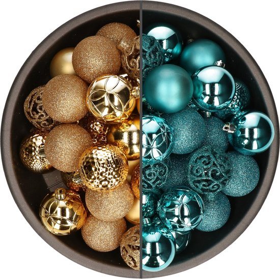 Bellatio Decorations Kerstballen mix - 74-delig - turquoise blauw en goud - 6 cm - kunststof