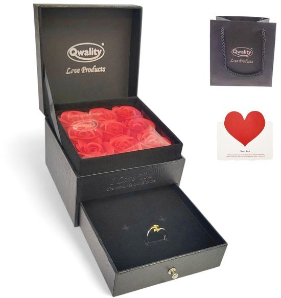 Rozen in Luxe Giftbox mét Liefdes Ring maat M - Rozenbox - Valentijn - Moederdag Cadeautje - Cadeau voor vriendin moeder haar - Qwality®