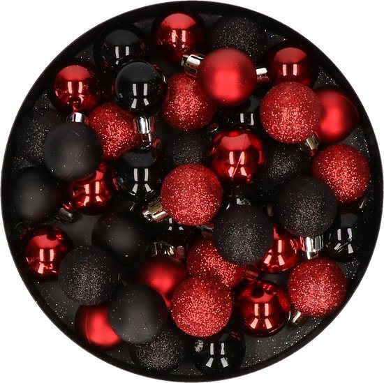 Kerstballen mix - Set van 40x stuks - kunststof - zwart en rood - Dia 3 cm - Kerstversiering - kleine balletjes voor mini boompjes