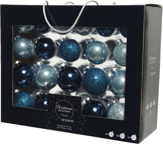 Decoris Kerstballen - 42 stuks - glas - mix blauw - 5-6-7 cm