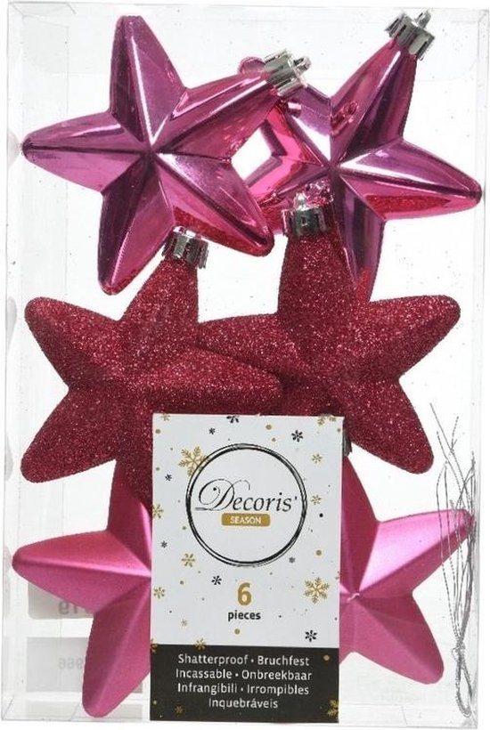 6x Fuchsia roze sterren kerstballen 7 cm - Glans/mat/glitter - Onbreekbare plastic kerstballen - Kerstboomversiering fuchsia roze
