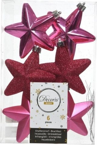 6x Fuchsia roze sterren kerstballen 7 cm - Glans/mat/glitter - Onbreekbare plastic kerstballen - Kerstboomversiering fuchsia roze