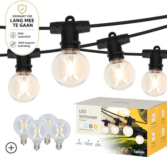Latium IP65 Waterdicht Lichtsnoer 12m - Energiezuinig en Verlengbaar - Prikkabel - Lichtslinger Sfeerverlichting voor Buiten en Binnen - Warm Wit 2700K - 4 Extra LEDS