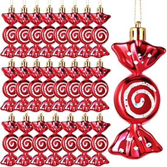 24x Christmas suikerstokken Hangers - H:9CM - om op te hangen - kerstboom hangers - Kerstdecoratie - Suikerstokken - Plastic Geverfde Ballen - Candy Cane Ornament - Kerstmis Candy Hangende Ornamenten - Voor Kerstboom Decor - Plastic - Rood