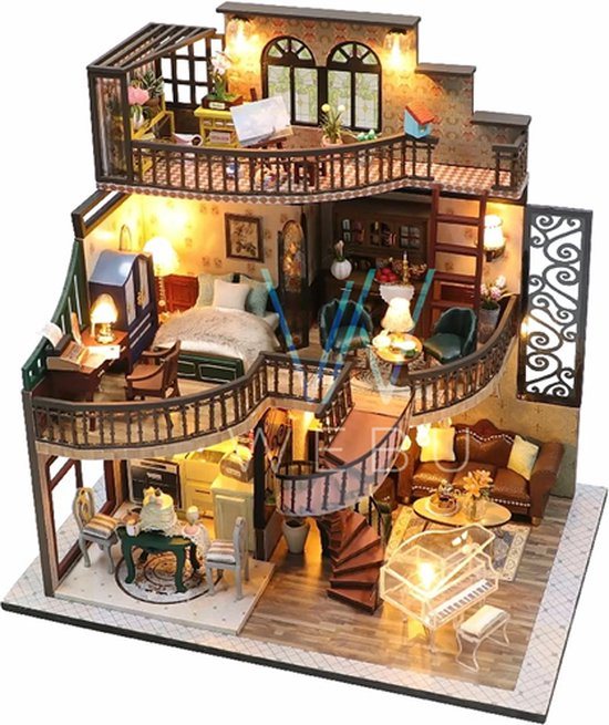 WEBU Houten bouwpakket voor volwassenen - DIY modelbouw poppenhuis met licht