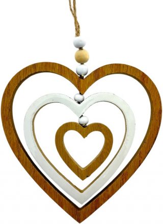 Houten Hanger Hart – 13,5 cm – Natuurlijke Houtkleur & Wit – FSC Hout