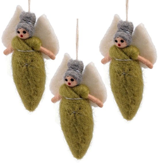 Wolvilt Hangers Engeltjes - Lichtgroen - Set 3 stuks - Fairtrade Homedeco - 13x7cm