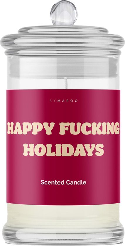 Cadeau voor Vrouwen en Mannen - Grappige Geurkaars - Happy Fucking Holidays - in Glas met Tekst - Cotton Kaars - Geschenkset voor hem en haar, moeder, vader, opa, oma, mama, papa, zus, vriendin - cadeautjes volwassenen