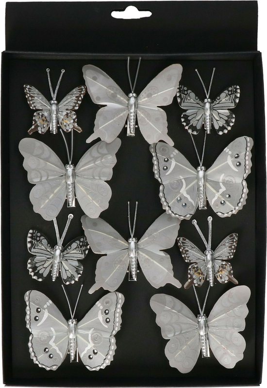 Othmar Decorations vlinders op clip - 10x- grijs/zilver - 5-8 cm - kunststof -kerstversiering