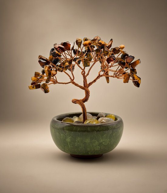 Tijgeroog Edelsteenboom – Handgemaakte Kristallen Boom Decoratie – Kracht & Bescherming