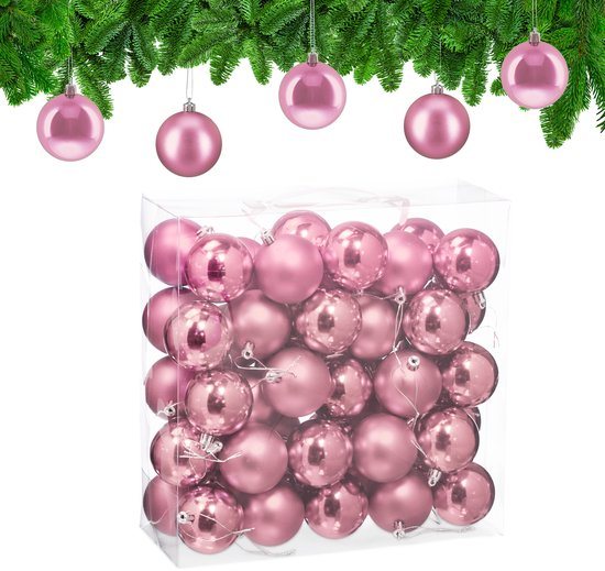 kerstballen set van 50 - Ø 6 cm - glanzend - mat - kunststof - roze