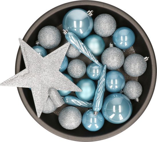 Decoris kerstballen set - 34-dlg - lichtblauw - incl. piek - kunststof - kerstversiering