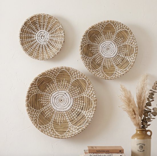 StudioBoho | Set van 3 Zeegras Wandschalen (Ø 35 + 30 + 25cm ) | Wanddecoratie Manden Rotan Schaal | Muurmand Muurmanden | Muurschaal schalen | Riet Rieten schaal set | Wandschaal wandbord wandborden Boho Decoratie Bohemian | Bamboe Ibiza