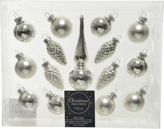 Decoris Mini kerstballen - 3 cm - met piek - 15 - zilver - glas - kerstversiering