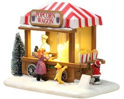 Kerst Resin Miniatuur Popcornkraam met LED Licht en Muziek – Verlichte Kerstdorp Decoratie – Sneeuw Landschap Huis – Handgeschilderd – 18×12,5×15 cm - ANMI
