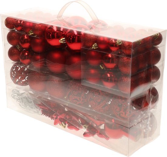 Bellatio decorations Kerstballen set - 110 stuks - rood - kunststof