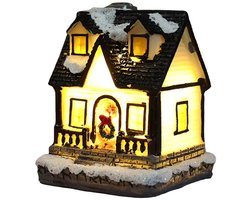 Verlicht kerstdorphuisje - 4×6.5×9cm - polyresin miniatuur met warm licht - met meegeleverde batterij - sfeervolle kerstdorp decoratie voor tafel of vensterbank