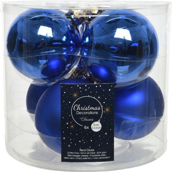 6x Kobalt blauwe glazen kerstballen 8 cm - glans en mat - Glans/glanzende - Kerstboomversiering kobalt blauw