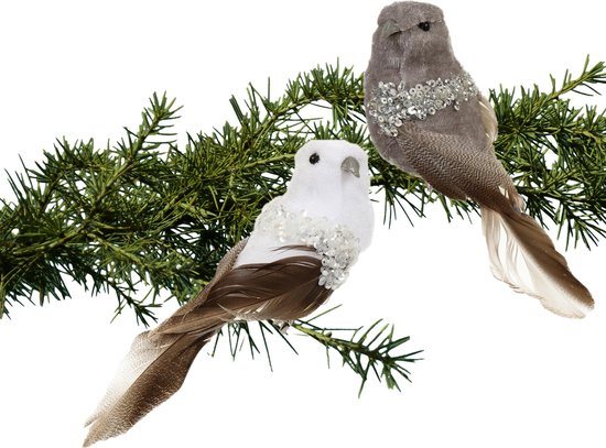 Othmar Decorations kerstversiering vogels op clip -6x -grijs/wit -17cm -kunststof