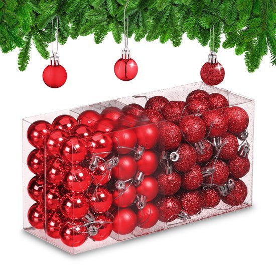 kerstballen set van 96 - plastic - 3 cm - mat - glanzend - glitters - rood