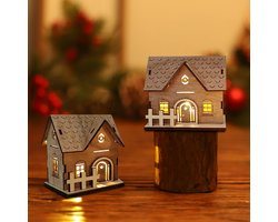Verlicht Houten Kerstdorp 2 Stuks - Sfeervolle LED Miniatuur Huisjes voor Winterdecoratie
