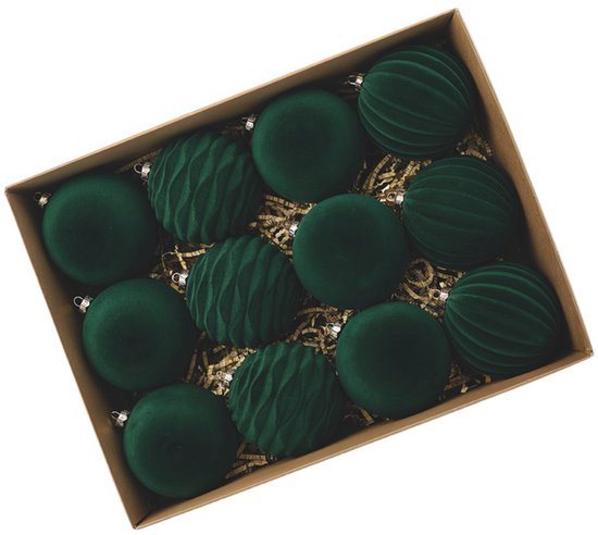 Fjesta© Velvet kerstballen - 8cm - Donkergroen - 12 stuks