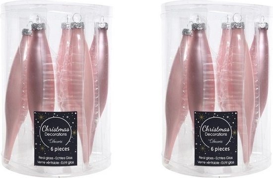 Decoris kerstbal pegels - 12x - lichtroze - D15 cm - glas - kersthangers - ijspegels - kerstversiering