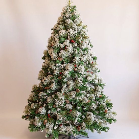 Premfy Deluxe Kunstkerstboom 180 cm met 40 Echte Dennenappels en licht besneeuwde Takken - Mooi Volle Kunstkerstboom met 1750 Takken - Kerstboom - Spar - Zonder Verlichting - Frozen TIPS - Met versiering Dennenappels - Kerstboom Kunststof - Sneeuw
