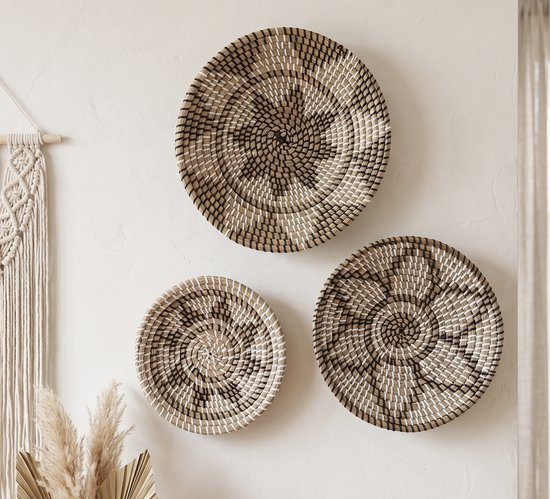 StudioBoho | Set van 3 Zeegras Wandschalen (Ø 35 + 30 + 25cm ) | Wanddecoratie Manden Rotan Schaal | Muurmand Muurmanden | Muurschaal schalen | Riet Rieten schaal set | Wandschaal wandbord wandborden Boho Decoratie Bohemian | Bamboe Ibiza