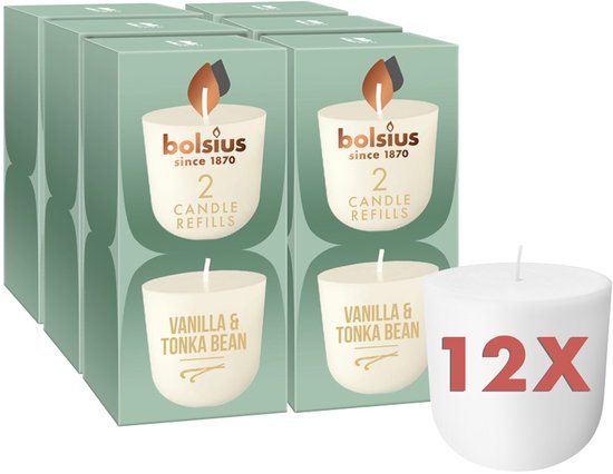 Bolsius - CleanLight - 12 Gegeurde Navullingen - Vanille & Tonka Bean - 24 Branduren - 12 Stuks - Navulbare Geurkaarsen