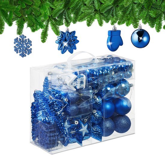 Kerstballen set van 100 - plastic - mat - glanzend - glitters - 10 designs - blauw