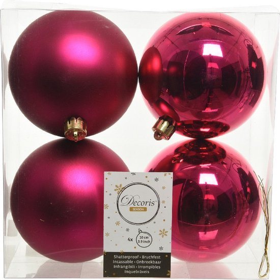 Decoris Kerstballen - 4x st - bessen roze - D10 cm - kunststof - kerstversiering