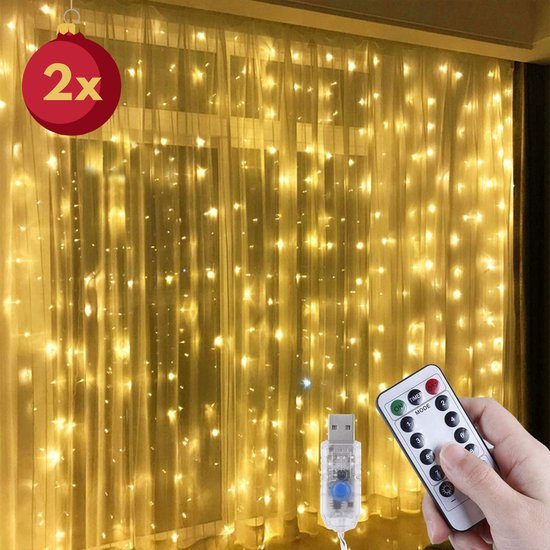 Set van 2 Lichtgordijnen - LED Kerstverlichting - 3x3 meter - 300 LED - Warm Wit - Afstandsbediening - USB aansluiting - Sfeerverlichting