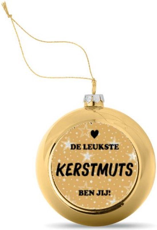 Kerstbal met Sterrenachtergrond Goudkleurig Gepersonaliseerd met de Tekst "De leukste KERSTMUTS ben jij!" - 8 cm Ø - Afbeelding 5 cm Ø