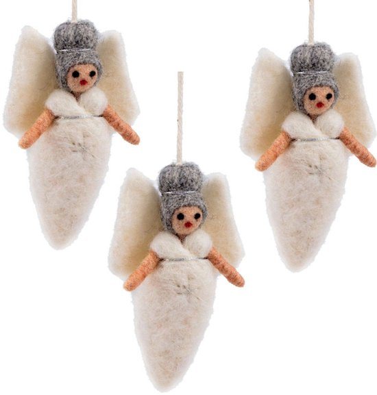 Wolvilt Hangers Engeltjes - Wit met Zilver - Set 3 stuks - Fairtrade Homedeco - 13x7cm