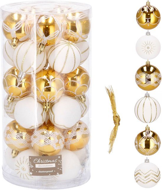 Springos Kerstballen | Kerstversiering | Onbreekbaar | 30 Stuks | 7 cm | Goud/Wit