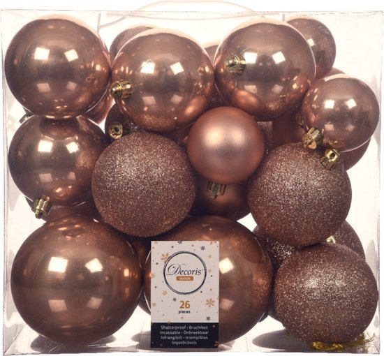 Decoris Kerstballen - 26x st - toffee bruin - 6-8-10 cm - kunststof - kerstversiering
