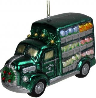 HD Collection glazen kerstornament kerst hanger bloemen delivery vrachtwagen 14.5 cm